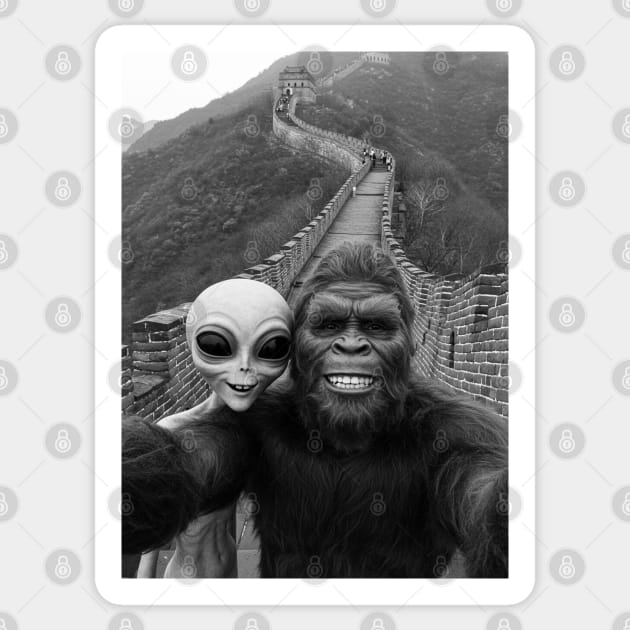 Selfie of Bigfoot and Alien in Great Wall of China Sticker by Megadorim